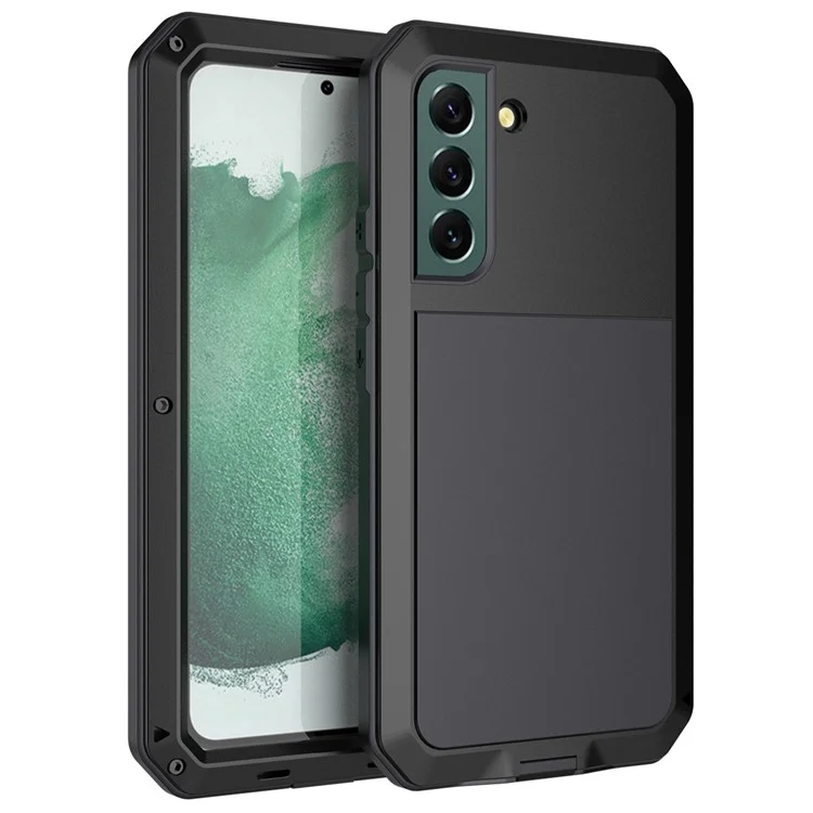 Funda de teléfono híbrida de silicona y metal para Samsung Galaxy S21 FE 5G/S21 Fan Edition, accesorio de teléfono con diseño de tapón anti-polvo y cristal templado - Negro