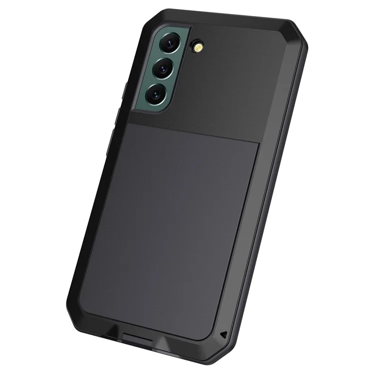 Funda de teléfono híbrida de silicona y metal para Samsung Galaxy S21 FE 5G/S21 Fan Edition, accesorio de teléfono con diseño de tapón anti-polvo y cristal templado - Negro