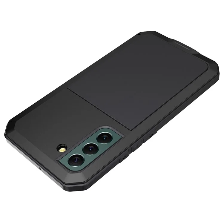 Funda de teléfono híbrida de silicona y metal para Samsung Galaxy S21 FE 5G/S21 Fan Edition, accesorio de teléfono con diseño de tapón anti-polvo y cristal templado - Negro