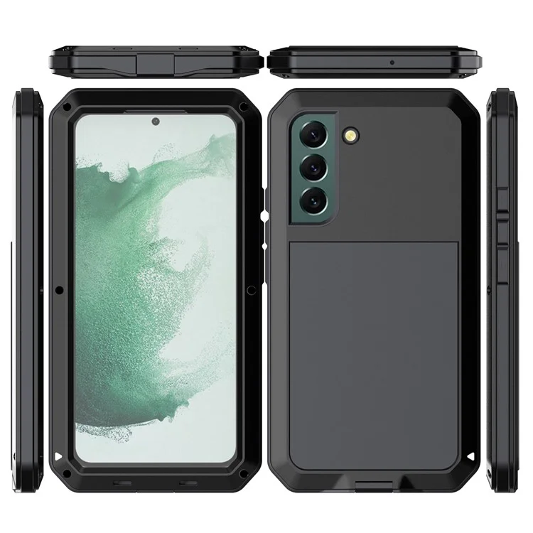 Funda de teléfono híbrida de silicona y metal para Samsung Galaxy S21 FE 5G/S21 Fan Edition, accesorio de teléfono con diseño de tapón anti-polvo y cristal templado - Negro