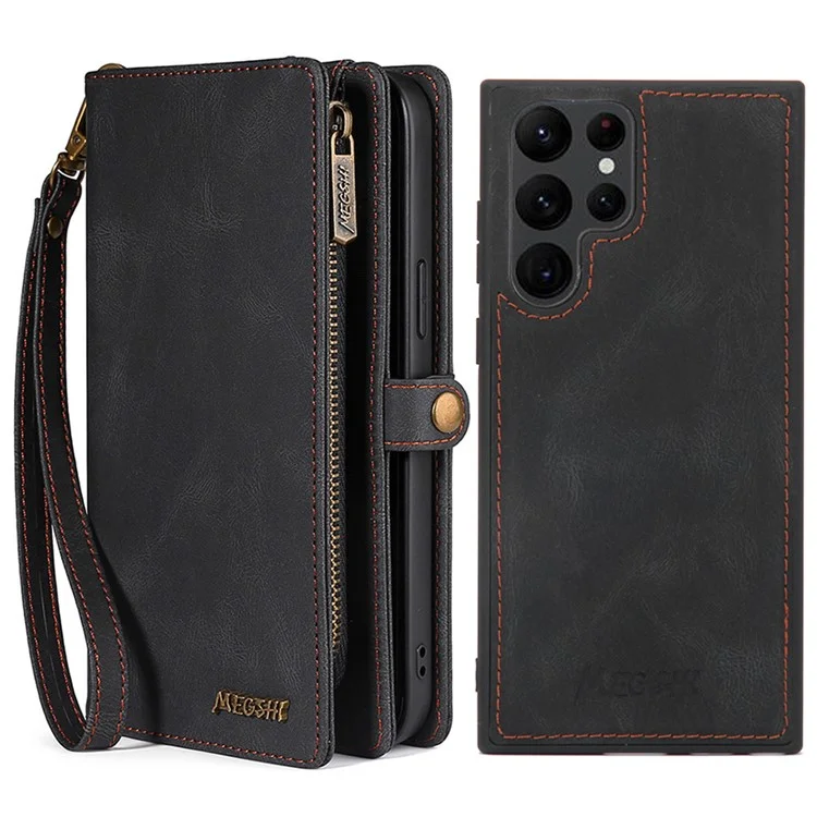 Megshi 017 Serie Abnehmbarer Magnetabdeckung Für Samsung Galaxy S22 Ultra 5G, Reißverschluss Geldbörse PU-Leder Stoßdämpfe Flip-Hülle Mit Armbandgurt - Schwarz