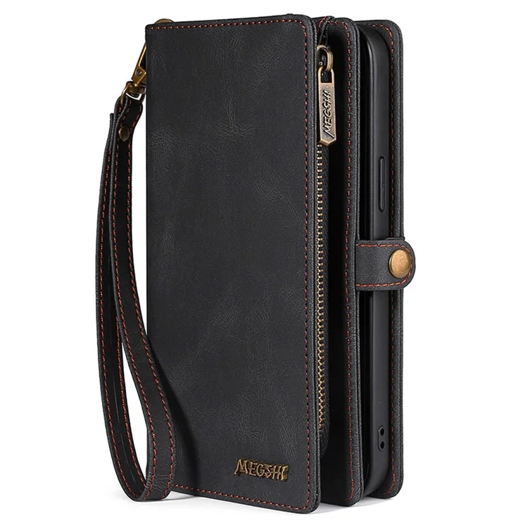 Megshi 017 Serie Abnehmbarer Magnetabdeckung Für Samsung Galaxy S22 Ultra 5G, Reißverschluss Geldbörse PU-Leder Stoßdämpfe Flip-Hülle Mit Armbandgurt - Schwarz