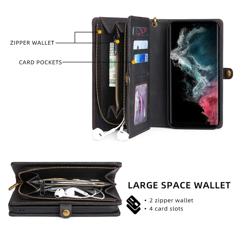 Megshi 017 Serie Abnehmbarer Magnetabdeckung Für Samsung Galaxy S22 Ultra 5G, Reißverschluss Geldbörse PU-Leder Stoßdämpfe Flip-Hülle Mit Armbandgurt - Schwarz