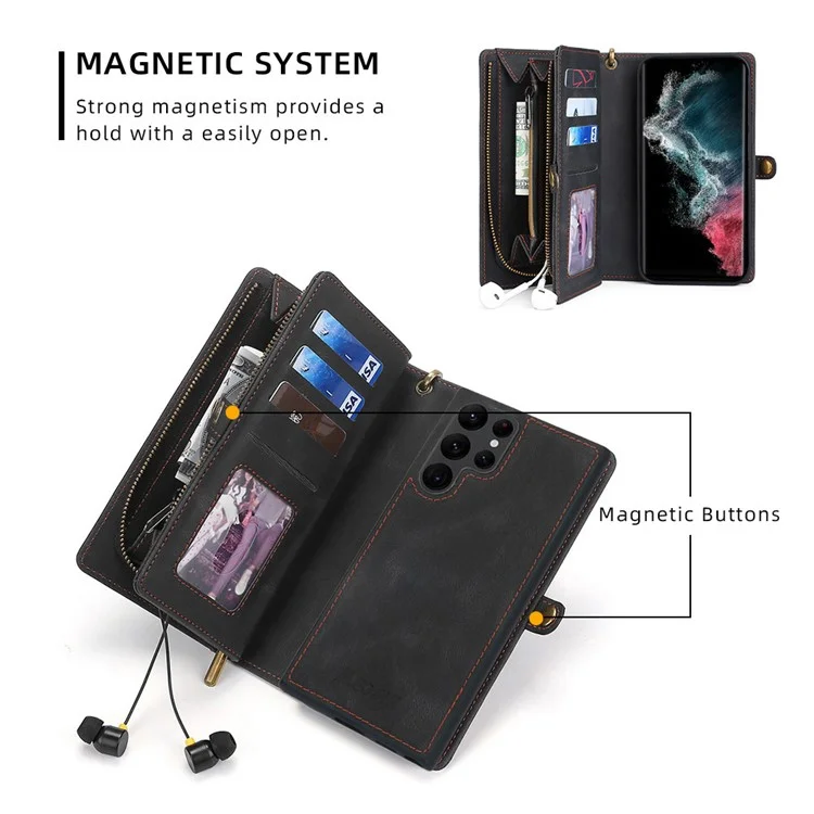 Megshi 017 Serie Abnehmbarer Magnetabdeckung Für Samsung Galaxy S22 Ultra 5G, Reißverschluss Geldbörse PU-Leder Stoßdämpfe Flip-Hülle Mit Armbandgurt - Schwarz