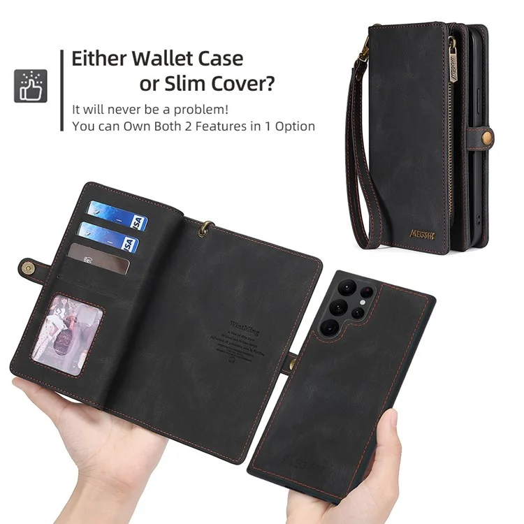 Megshi 017 Serie Abnehmbarer Magnetabdeckung Für Samsung Galaxy S22 Ultra 5G, Reißverschluss Geldbörse PU-Leder Stoßdämpfe Flip-Hülle Mit Armbandgurt - Schwarz