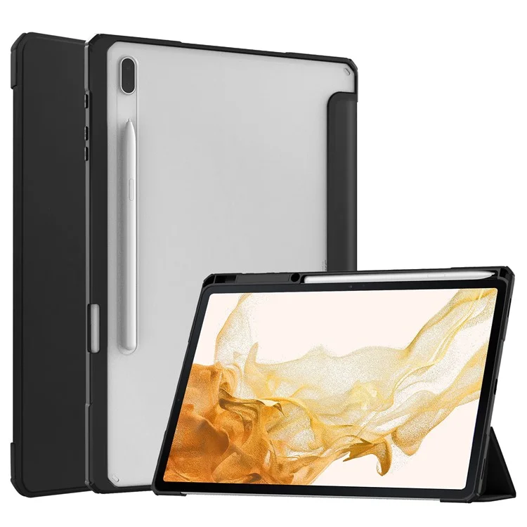 Pour Samsung Galaxy Tab S8+ Tri-fold Stand PU Leather Tablet Case TPU + Transparent Acrylic Back Cover with Pen Slot - Black