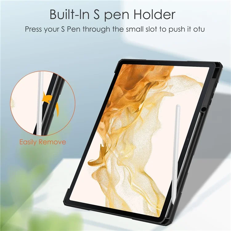 Pour Samsung Galaxy Tab S8+ Tri-fold Stand PU Leather Tablet Case TPU + Transparent Acrylic Back Cover with Pen Slot - Black