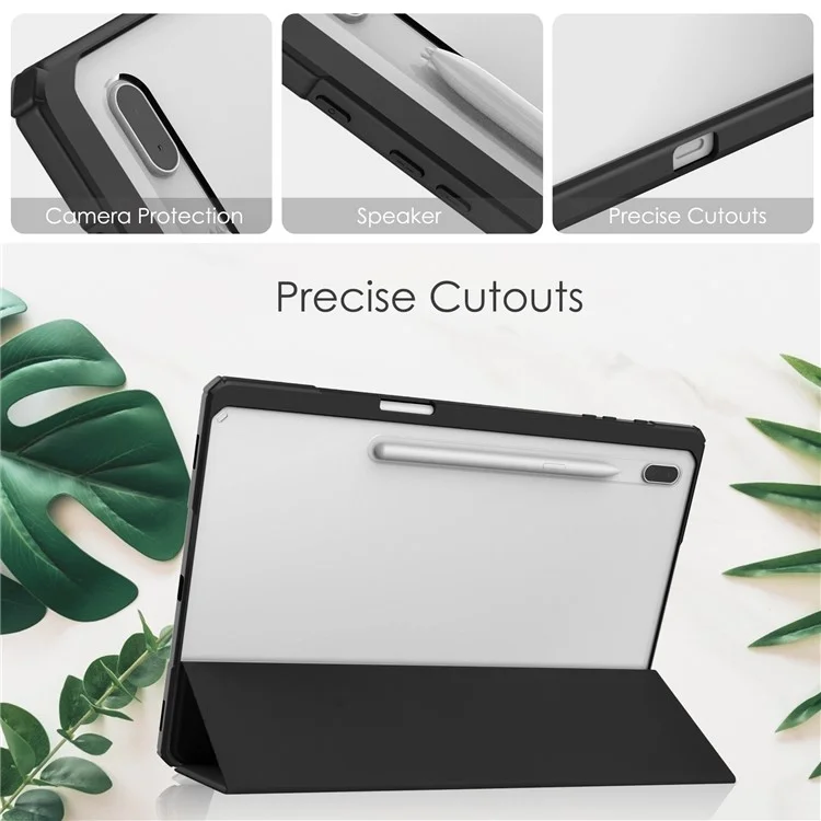 Pour Samsung Galaxy Tab S8+ Tri-fold Stand PU Leather Tablet Case TPU + Transparent Acrylic Back Cover with Pen Slot - Black
