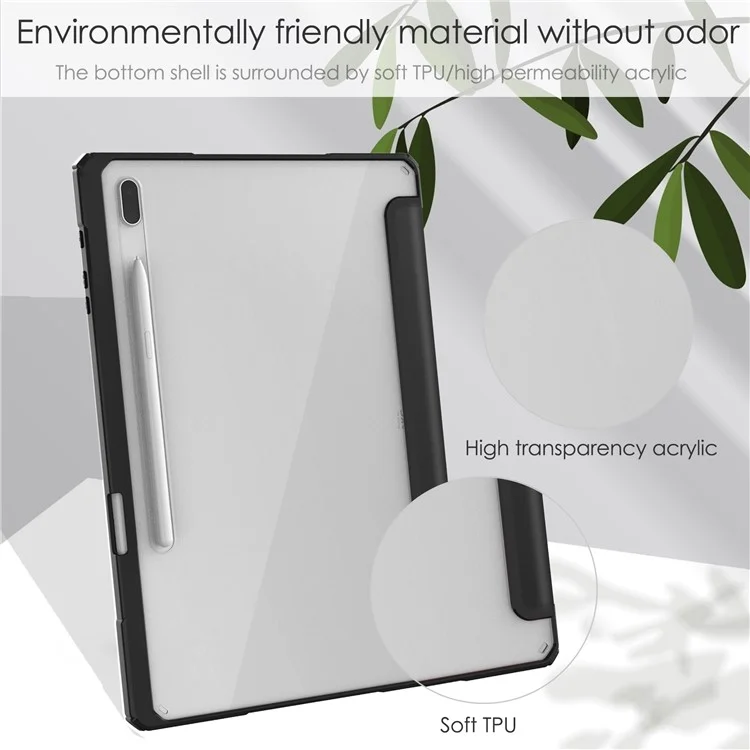 Pour Samsung Galaxy Tab S8+ Tri-fold Stand PU Leather Tablet Case TPU + Transparent Acrylic Back Cover with Pen Slot - Black