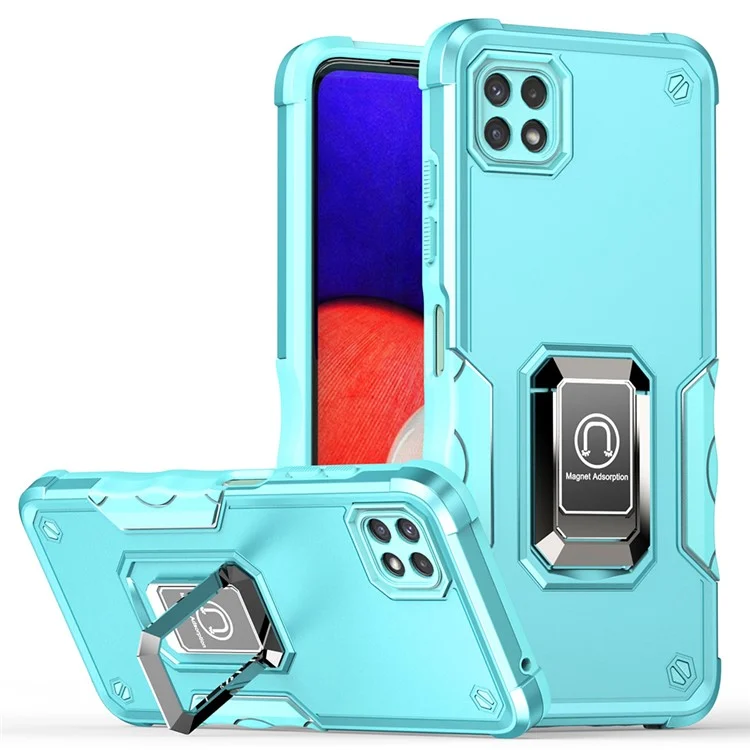 For Samsung Galaxy A22 5G (EU Version) Hybrid Hard PC Soft TPU Shockproof Protective Case with Ring Car Mount Kickstand - Light Green