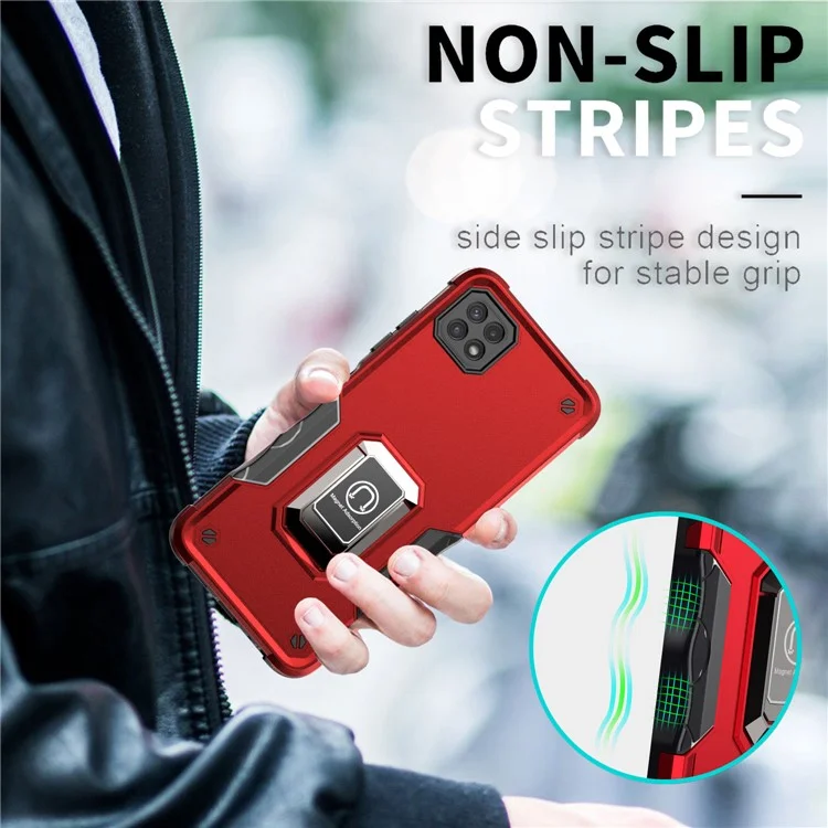For Samsung Galaxy A22 5G (EU Version) Hybrid Hard PC Soft TPU Shockproof Protective Case with Ring Car Mount Kickstand - Light Green