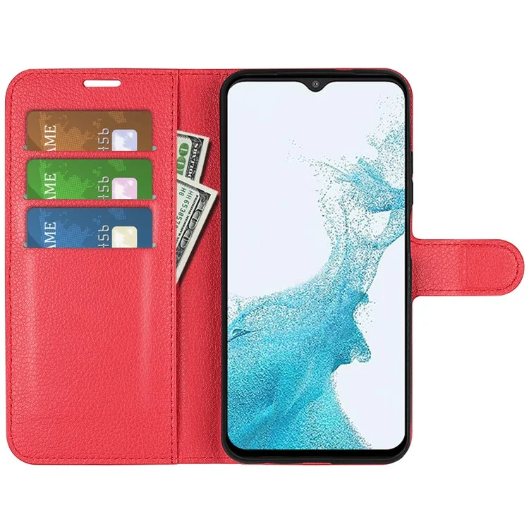 For Samsung Galaxy A23 4G / 5G (Global Version) PU Leather + TPU Leather Case Litchi Texture Full Protection Stand Wallet Phone Cover - Red