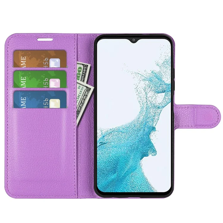 For Samsung Galaxy A23 4G / 5G (Global Version) PU Leather + TPU Leather Case Litchi Texture Full Protection Stand Wallet Phone Cover - Purple