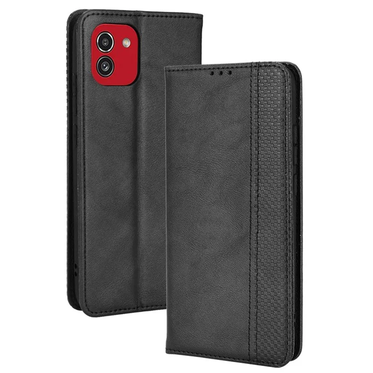 Para Samsung Galaxy A03 (164,2 x 75,9 x 9,1 mm) Imprinting Mosaic Vintage Capa de Couro PU Stand Hidden Magnetic Adsorption Shockproof Flip Wallet Case - Preto