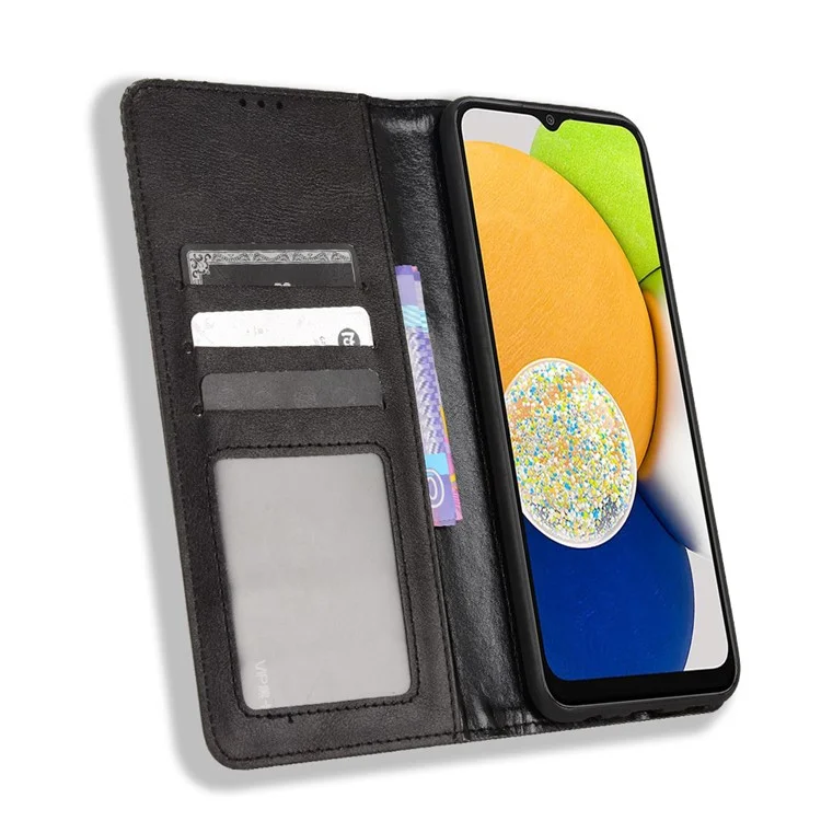 Para Samsung Galaxy A03 (164,2 x 75,9 x 9,1 mm) Imprinting Mosaic Vintage Capa de Couro PU Stand Hidden Magnetic Adsorption Shockproof Flip Wallet Case - Preto