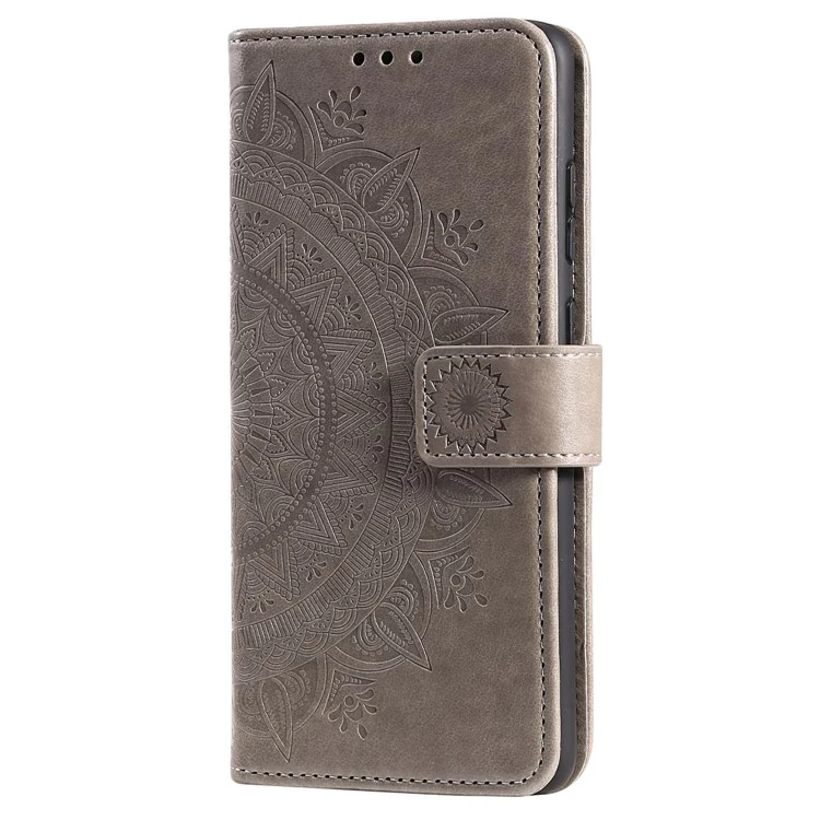 Für Samsung Galaxy A23 4G / 5G (Global Version) PU-Leder Buchwallet-Hülle Bedruckte Mandala-Blumen-Standfunktion Voller Körperschutz Handyhülle mit Handschlaufe - Grau