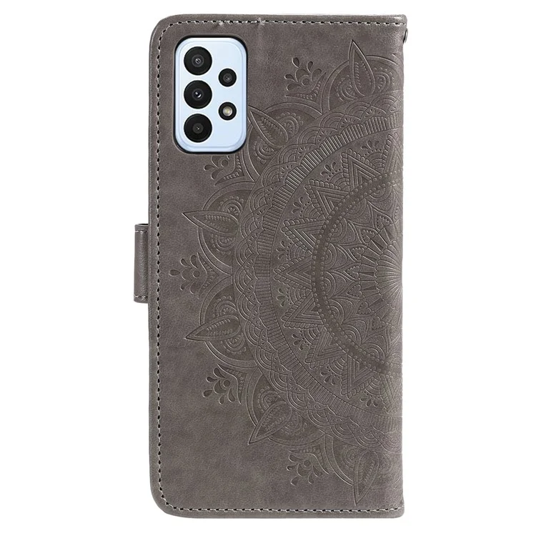 Für Samsung Galaxy A23 4G / 5G (Global Version) PU-Leder Buchwallet-Hülle Bedruckte Mandala-Blumen-Standfunktion Voller Körperschutz Handyhülle mit Handschlaufe - Grau
