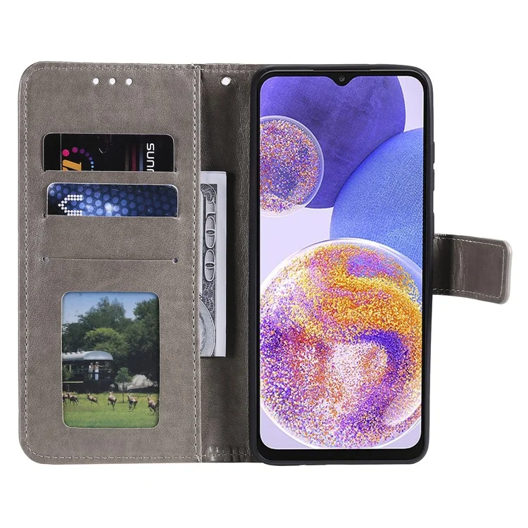 Für Samsung Galaxy A23 4G / 5G (Global Version) PU-Leder Buchwallet-Hülle Bedruckte Mandala-Blumen-Standfunktion Voller Körperschutz Handyhülle mit Handschlaufe - Grau