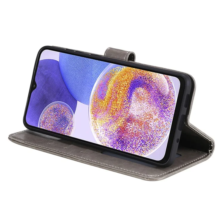 Für Samsung Galaxy A23 4G / 5G (Global Version) PU-Leder Buchwallet-Hülle Bedruckte Mandala-Blumen-Standfunktion Voller Körperschutz Handyhülle mit Handschlaufe - Grau