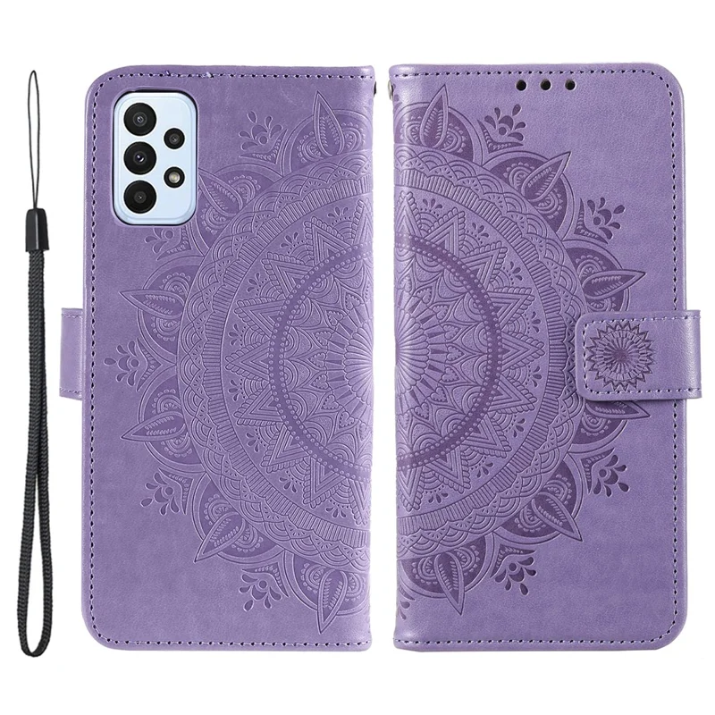 For Samsung Galaxy A23 4G / 5G (Global Version) PU Leather Book Wallet Case Imprinted Mandala Flower Stand Function Full Body Protective Phone Cover with Strap - Purple