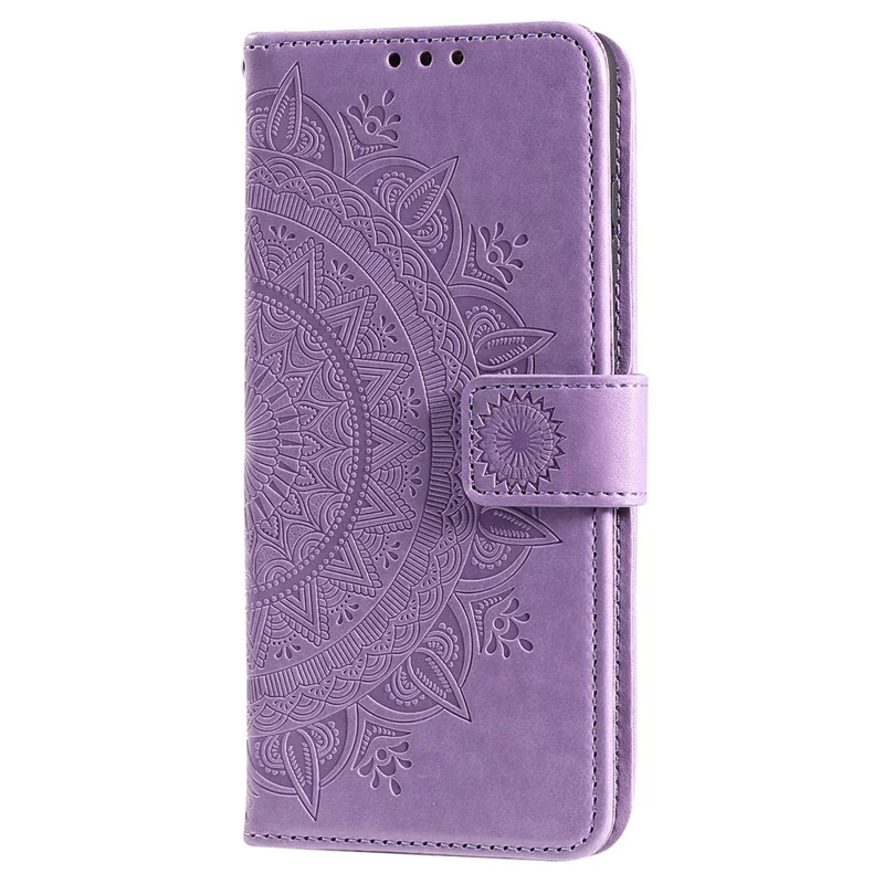 For Samsung Galaxy A23 4G / 5G (Global Version) PU Leather Book Wallet Case Imprinted Mandala Flower Stand Function Full Body Protective Phone Cover with Strap - Purple