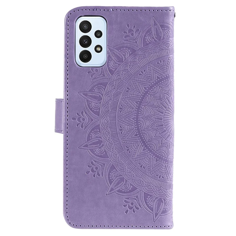 For Samsung Galaxy A23 4G / 5G (Global Version) PU Leather Book Wallet Case Imprinted Mandala Flower Stand Function Full Body Protective Phone Cover with Strap - Purple