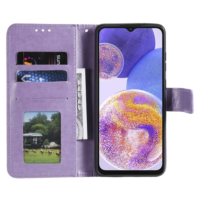For Samsung Galaxy A23 4G / 5G (Global Version) PU Leather Book Wallet Case Imprinted Mandala Flower Stand Function Full Body Protective Phone Cover with Strap - Purple