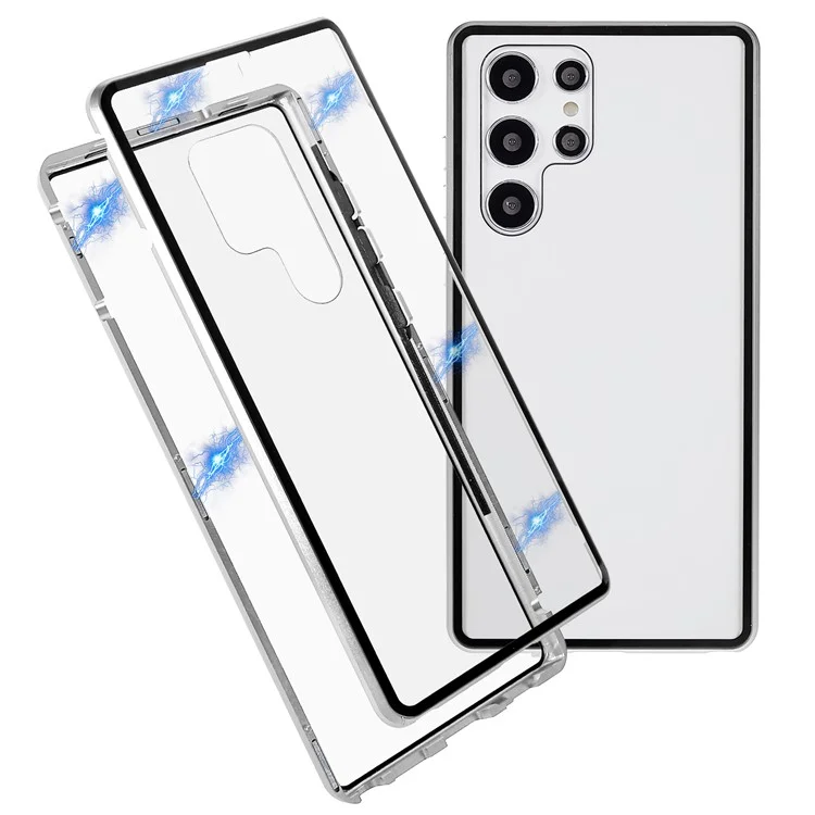 For Samsung Galaxy S22 Ultra 5G Full Protection Phone Case Double-Sided Tempered Glass + Magnetic Metal Frame Case with Lock - Silver