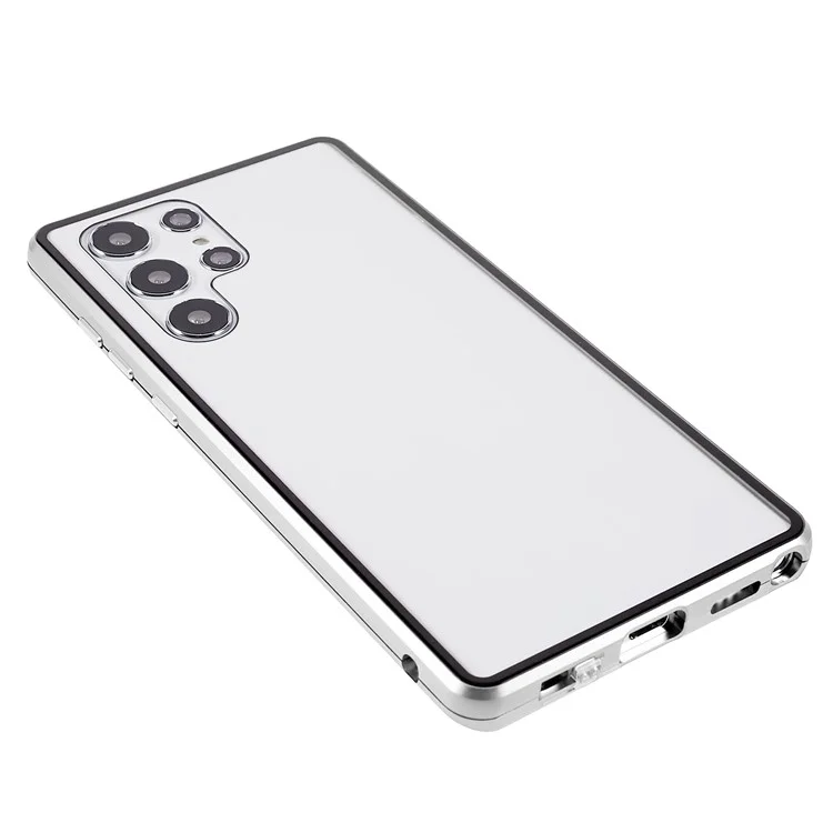 For Samsung Galaxy S22 Ultra 5G Full Protection Phone Case Double-Sided Tempered Glass + Magnetic Metal Frame Case with Lock - Silver
