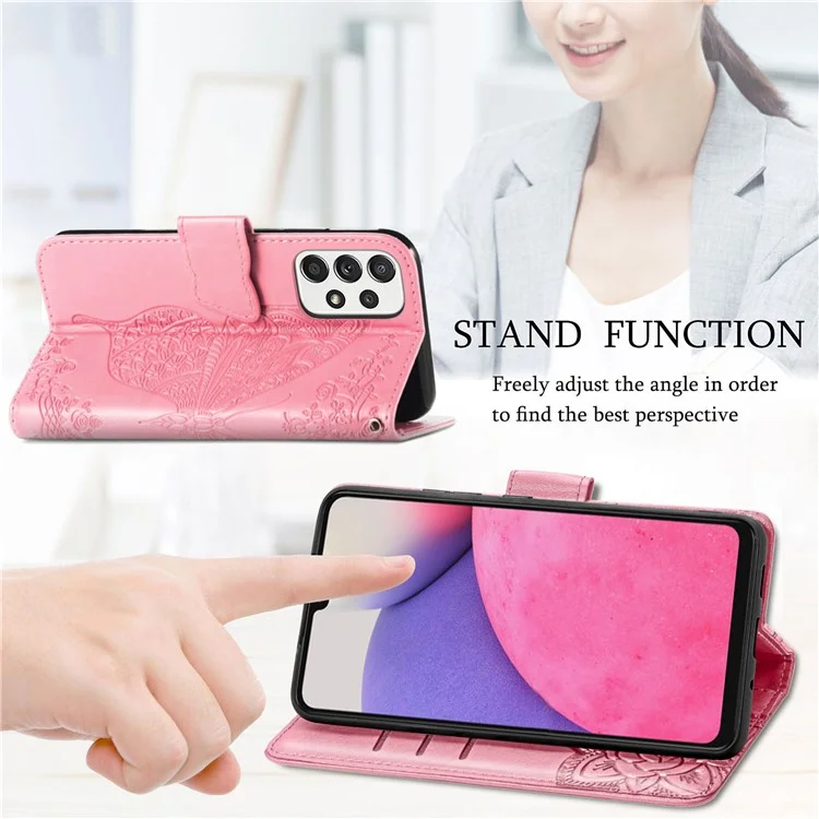 Imprinting Butterfly Flower Leather Case für Samsung Galaxy A33 5G, Brieftasche Ansichtsständer Handyhülle - Pink