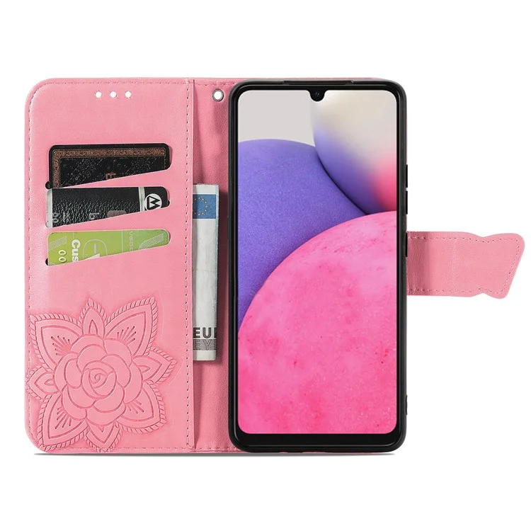 Imprinting Butterfly Flower Leather Case für Samsung Galaxy A33 5G, Brieftasche Ansichtsständer Handyhülle - Pink
