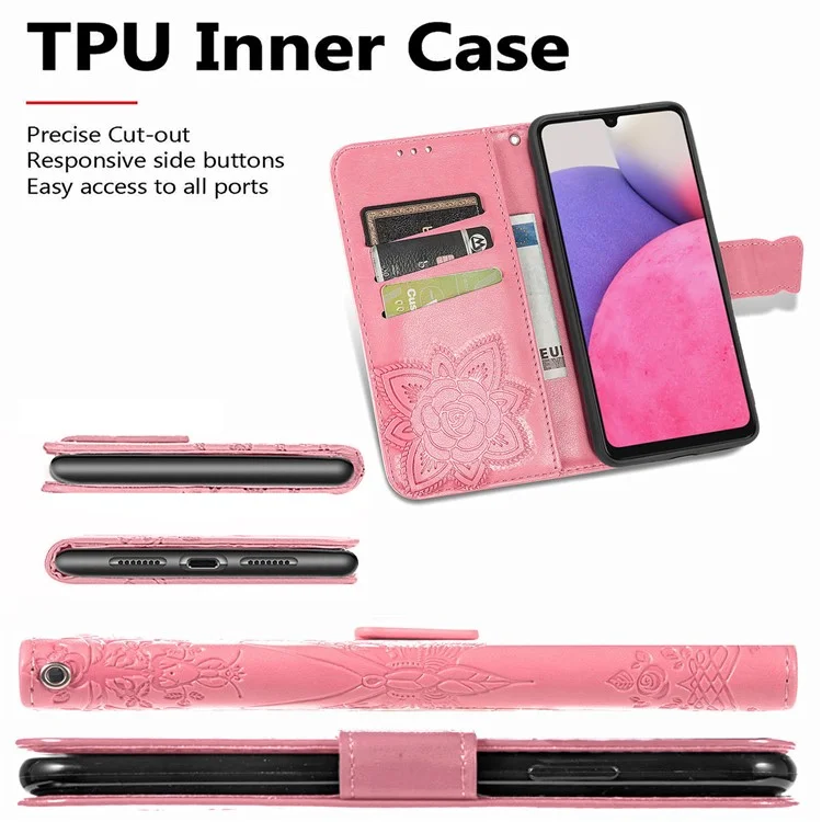 Imprinting Butterfly Flower Leather Case für Samsung Galaxy A33 5G, Brieftasche Ansichtsständer Handyhülle - Pink