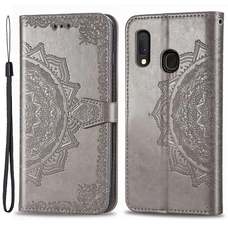 For Samsung Galaxy A20e Phone Case Mandala Embossment Design Phone Cover Shell Pouch Stand Function Flip Practical PU Leather Wallet - Grey