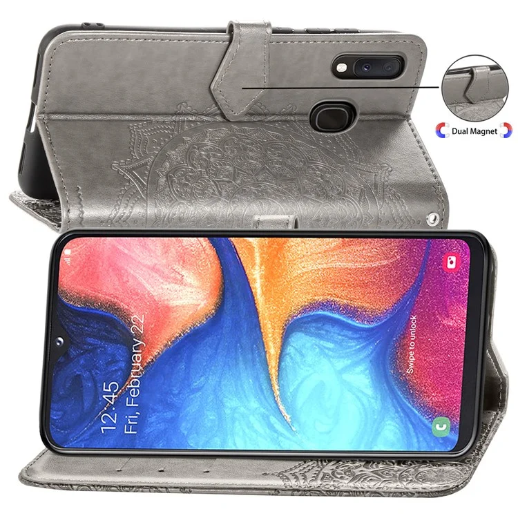 For Samsung Galaxy A20e Phone Case Mandala Embossment Design Phone Cover Shell Pouch Stand Function Flip Practical PU Leather Wallet - Grey