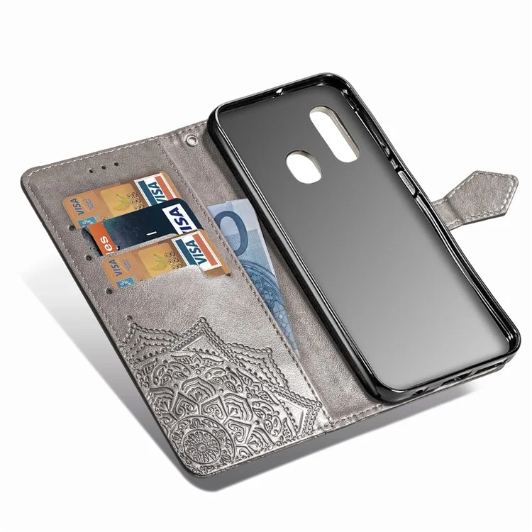 For Samsung Galaxy A20e Phone Case Mandala Embossment Design Phone Cover Shell Pouch Stand Function Flip Practical PU Leather Wallet - Grey