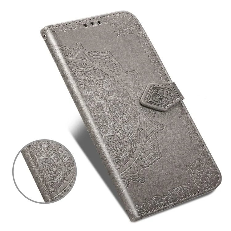 For Samsung Galaxy A20e Phone Case Mandala Embossment Design Phone Cover Shell Pouch Stand Function Flip Practical PU Leather Wallet - Grey