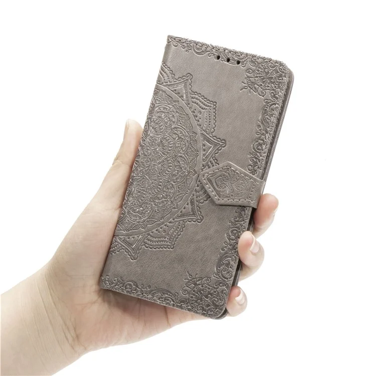 For Samsung Galaxy A20e Phone Case Mandala Embossment Design Phone Cover Shell Pouch Stand Function Flip Practical PU Leather Wallet - Grey