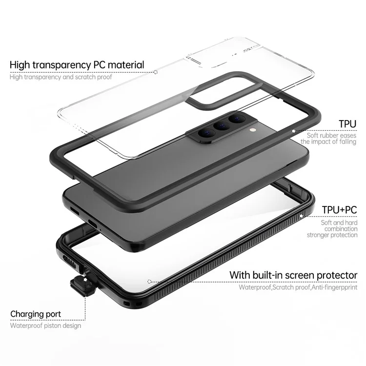Redpepper Une Série Pour Samsung Galaxy S22 + 5G IP68 IP6X IP6X Hybrid Hybrid Phone Back Transparent [support D'empreinte Digitale Unlock] - le Noir