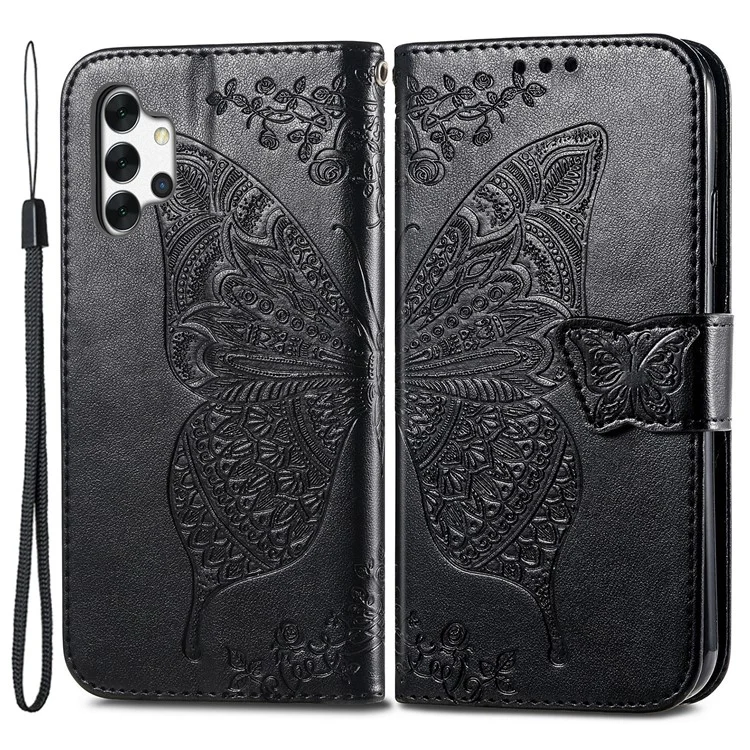 Para Samsung Galaxy A13 4G Stand PU Caelo PU Capa Prestendo Borturafly Flor Padroleta Taplo do Estilo de Atel - Preto