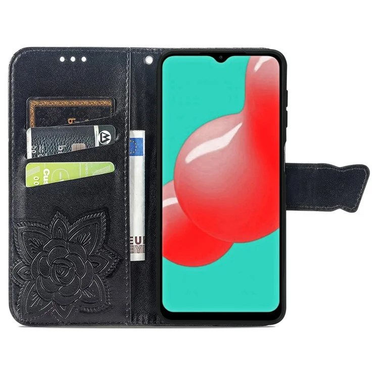 Para Samsung Galaxy A13 4G Stand PU Caelo PU Capa Prestendo Borturafly Flor Padroleta Taplo do Estilo de Atel - Preto