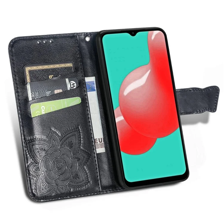 Para Samsung Galaxy A13 4G Stand PU Caelo PU Capa Prestendo Borturafly Flor Padroleta Taplo do Estilo de Atel - Preto