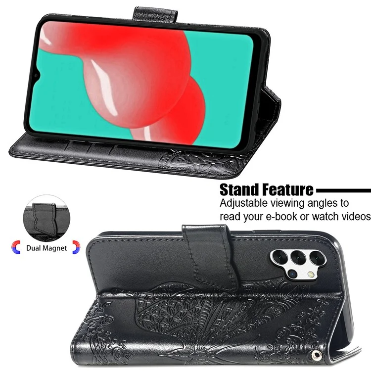 Para Samsung Galaxy A13 4G Stand PU Caelo PU Capa Prestendo Borturafly Flor Padroleta Taplo do Estilo de Atel - Preto