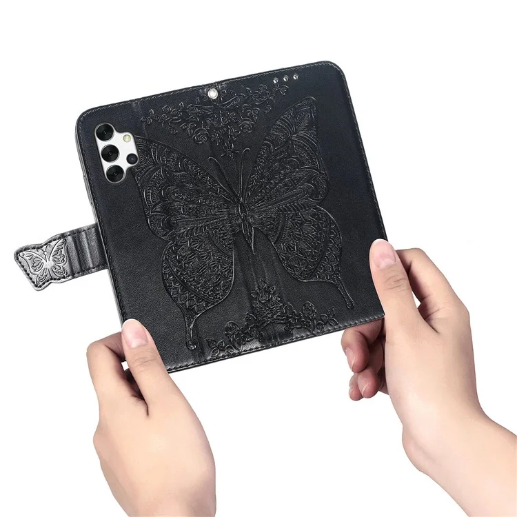 Para Samsung Galaxy A13 4G Stand PU Caelo PU Capa Prestendo Borturafly Flor Padroleta Taplo do Estilo de Atel - Preto