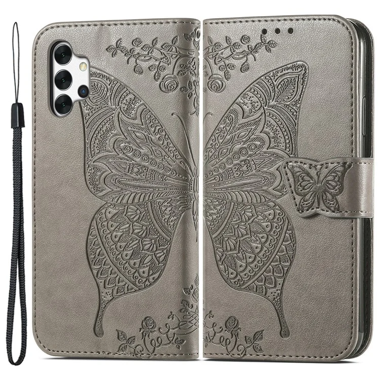 For Samsung Galaxy A13 4G / A13 5G / A04s 4G (164.7mm) Stand PU Leather Case Imprint Butterfly Flower Wallet Cover with Strap - Grey