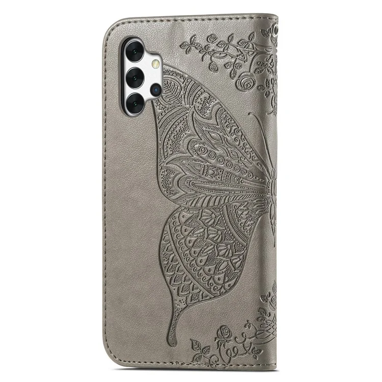 For Samsung Galaxy A13 4G / A13 5G / A04s 4G (164.7mm) Stand PU Leather Case Imprint Butterfly Flower Wallet Cover with Strap - Grey