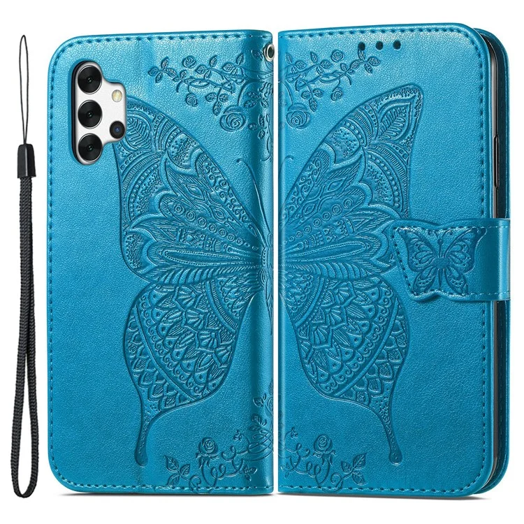 Para Samsung Galaxy A13 4G Stand PU Caelo PU Capa Prestendo Borturafly Flor Padroleta Taplo do Estilo de Atel - Azul