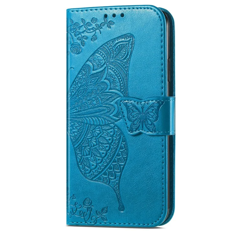 For Samsung Galaxy A13 4G / A13 5G / A04s 4G (164.7 x 76.7 x 9.1 mm) Folding Stand PU Leather Case Imprinted Butterfly Flower Pattern Wallet Style Flip Cover with Strap - Blue