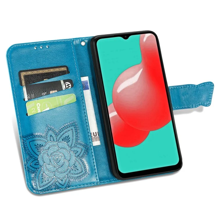 Для Samsung Galaxy A13 4G / A13 5G / A04s 4G (164,7 x 76,7 x 9,1 мм) Складной Стенд PU Кожаный Чехол с Тиснением в Виде Бабочки и Цветов Бумажник Стиль Флип-Крышка со Ремешком - Синий