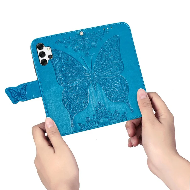 Para Samsung Galaxy A13 4G Stand PU Caelo PU Capa Prestendo Borturafly Flor Padroleta Taplo do Estilo de Atel - Azul