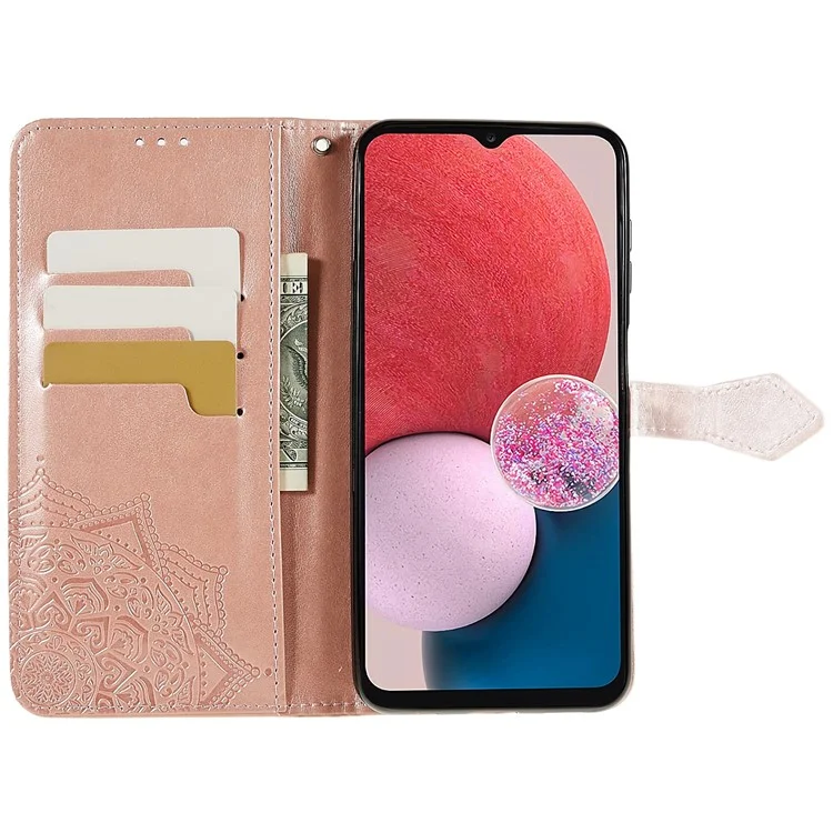 Mandala Embossed Phone Case for Samsung Galaxy A13 4G Anti-fall Stand Function Phone Cover Shell Wallet - Rose Gold